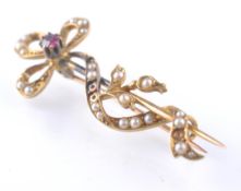 18CT GOLD RUBY AND SEED PEARL STICK PIN BROOCH