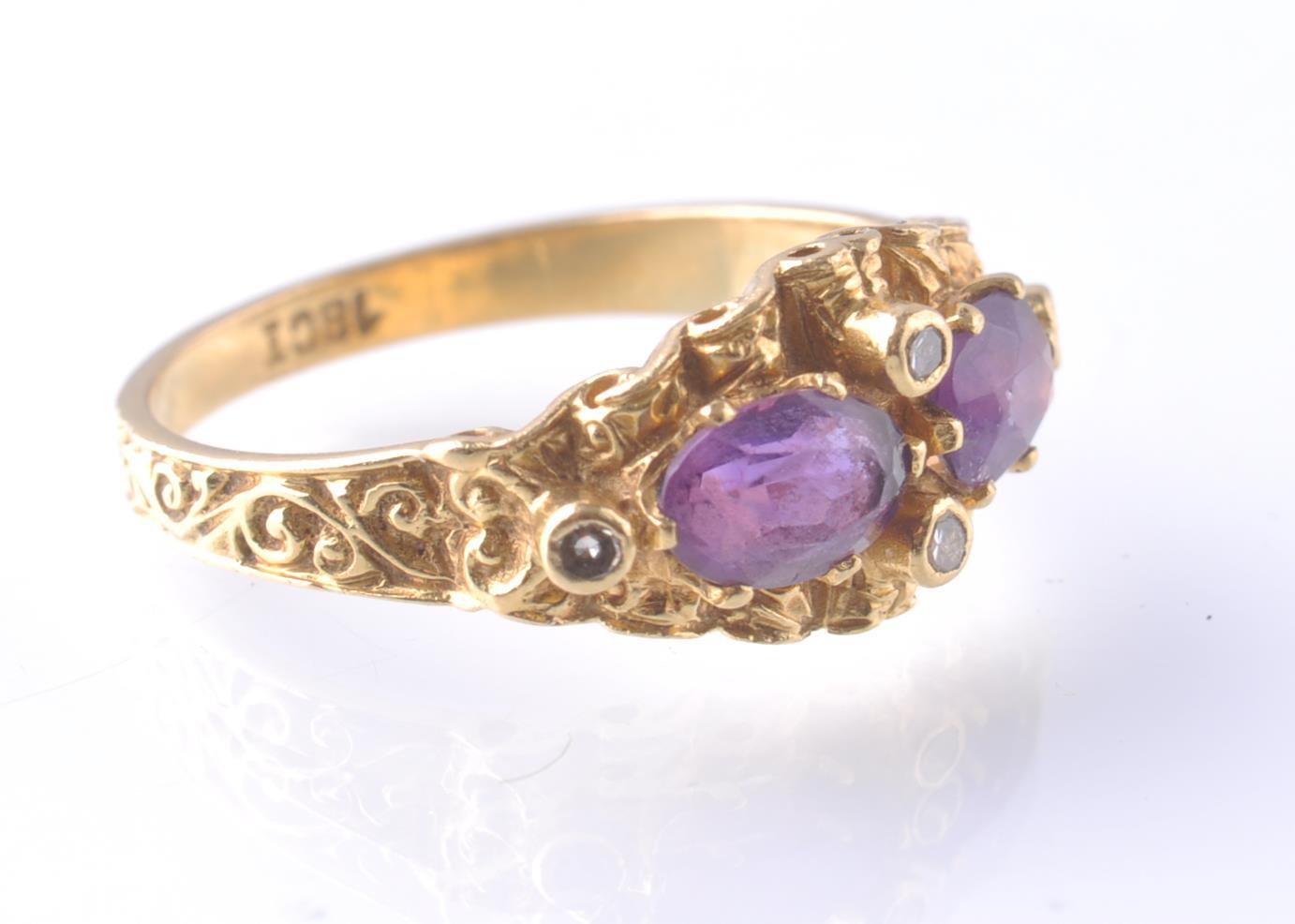 18CT GOLD DROP SHAPED AMETHYST AND DIAMOND RING - Image 3 of 5