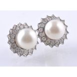 A PAIR OF 18CT WHITE GOLD DIAMOND AND PEARL EARRIN