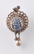 AN ANTIQUE GOLD SAPPHIRE & DIAMOND PEACOCK PENDANT