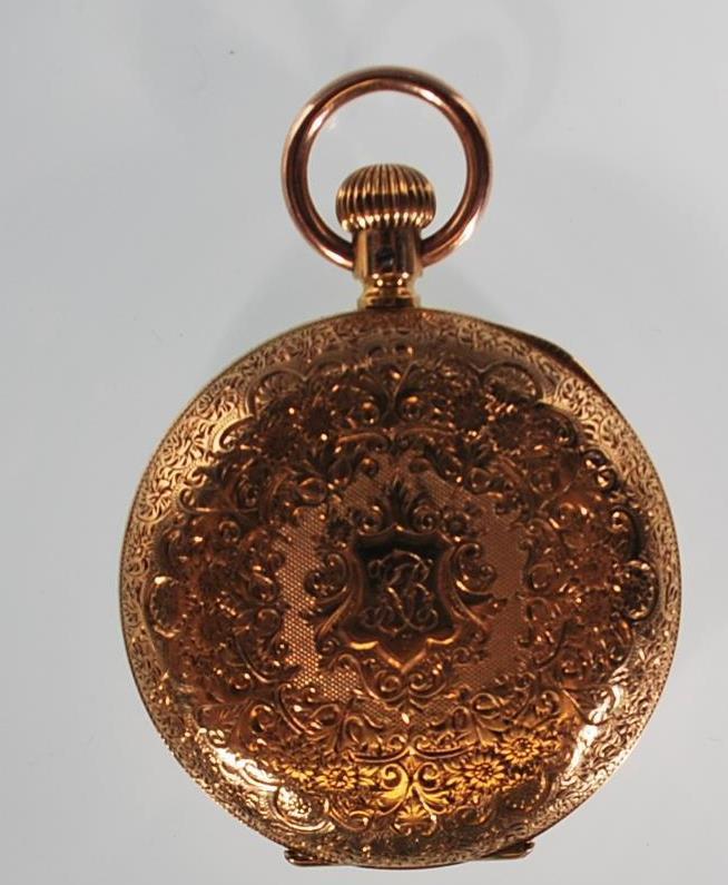 A 20th Century 18ct gold half hunter pocket fob wa - Image 2 of 9