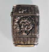 A silver plated vesta case in the form of a barrel