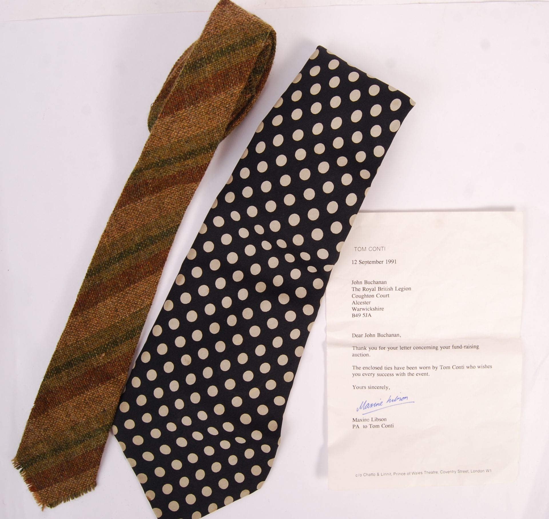 TOM CONTI - SCOTTISH ACTOR - TWO ORIGINAL OWNED & WORN NECK TIES