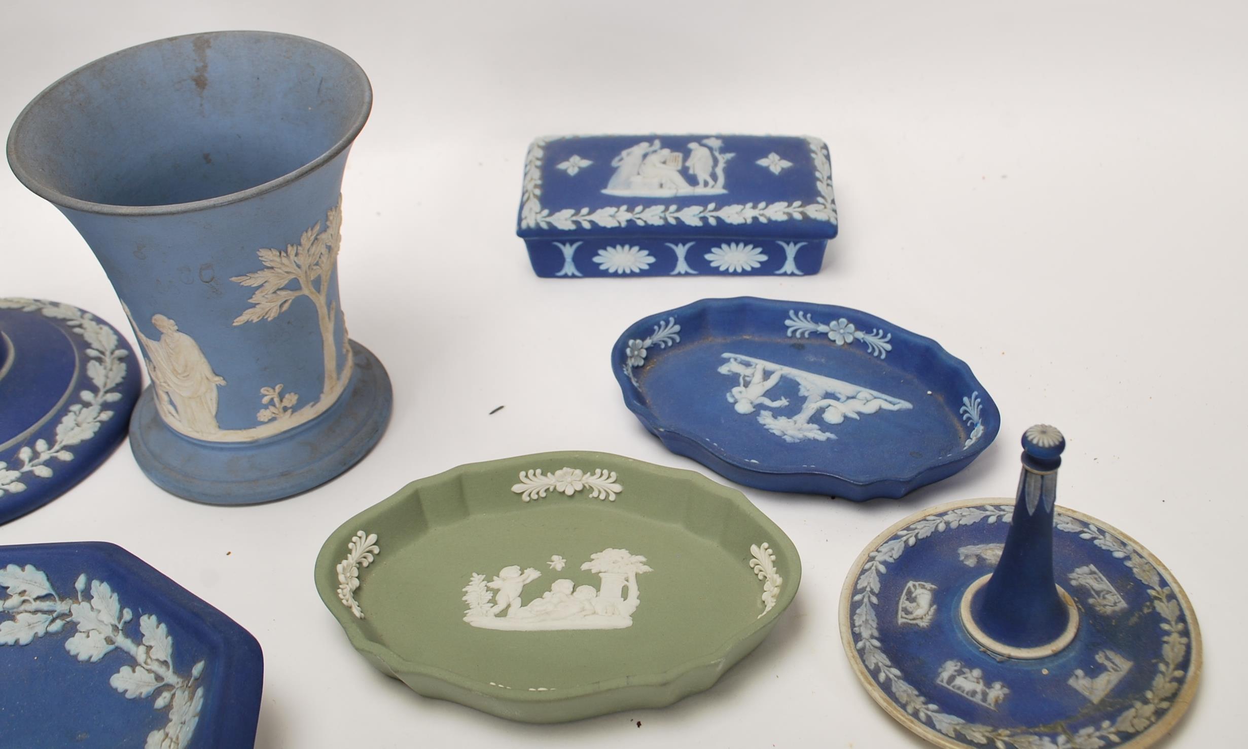 A collection of Wedgwood jasper-ware to include a pair of 19th Century cobalt blue candlesticks, hat - Image 5 of 5