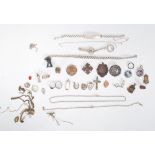 A collection of vintage silver and silver white metal jewellery to include a fret work brooch