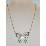 A stamped 925 silver necklace with a large butterfly pendant set with a central opal panel and round