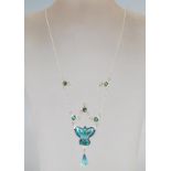 A stamped 925 silver Art Nouveau style necklace having a blue and green enamelled pendant with