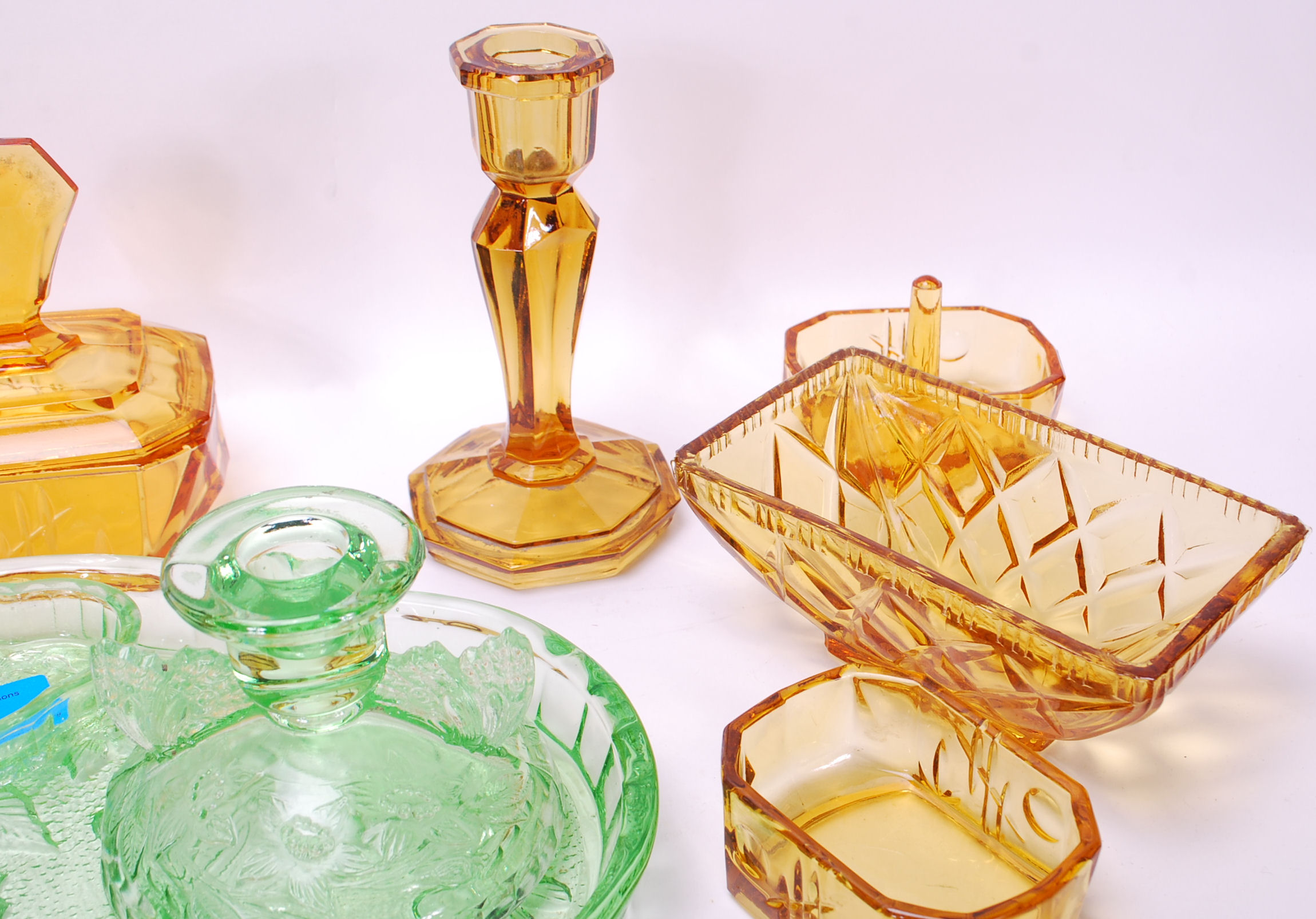 Two early 20th Century Art Deco pressed glass dressing table sets to include a part green glass - Image 7 of 7