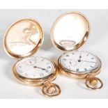 2 early 20th century gold plated full hunter pocket watches. Both with enamel dials, each with sub