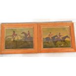 A pair of 20th Century reverse paintings on glass depicting hunting scenes with figures on horseback