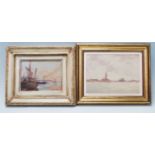 An early 20th century oil on board painting depicting a harbour with a moored fishing ship to the