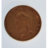 An 1892 full gold sovereign having a George and Dragon design with Old Victoria head to verso.