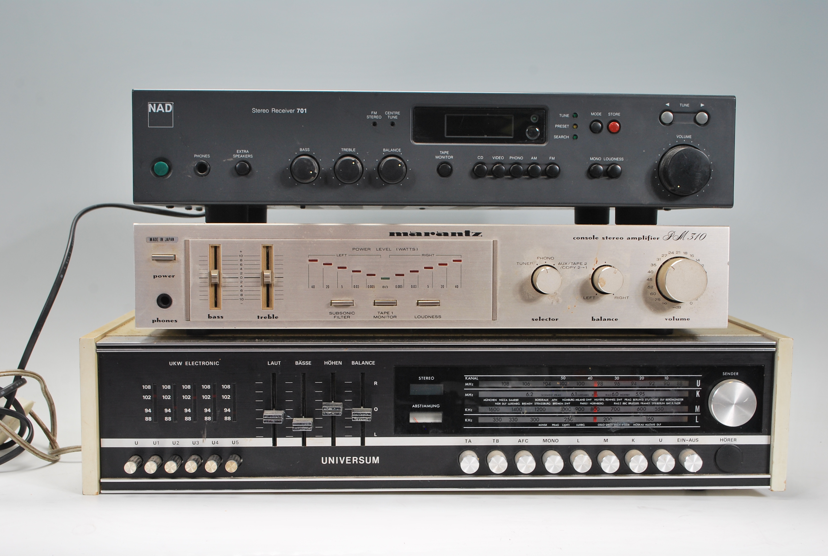 Hi-Fi- A group of three mixed stacking system to include a NAD stereo receiver 701, Marantz
