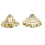Two 20th Century Tiffany style leaded and coloured glass ceiling light shade / fixture, one being an
