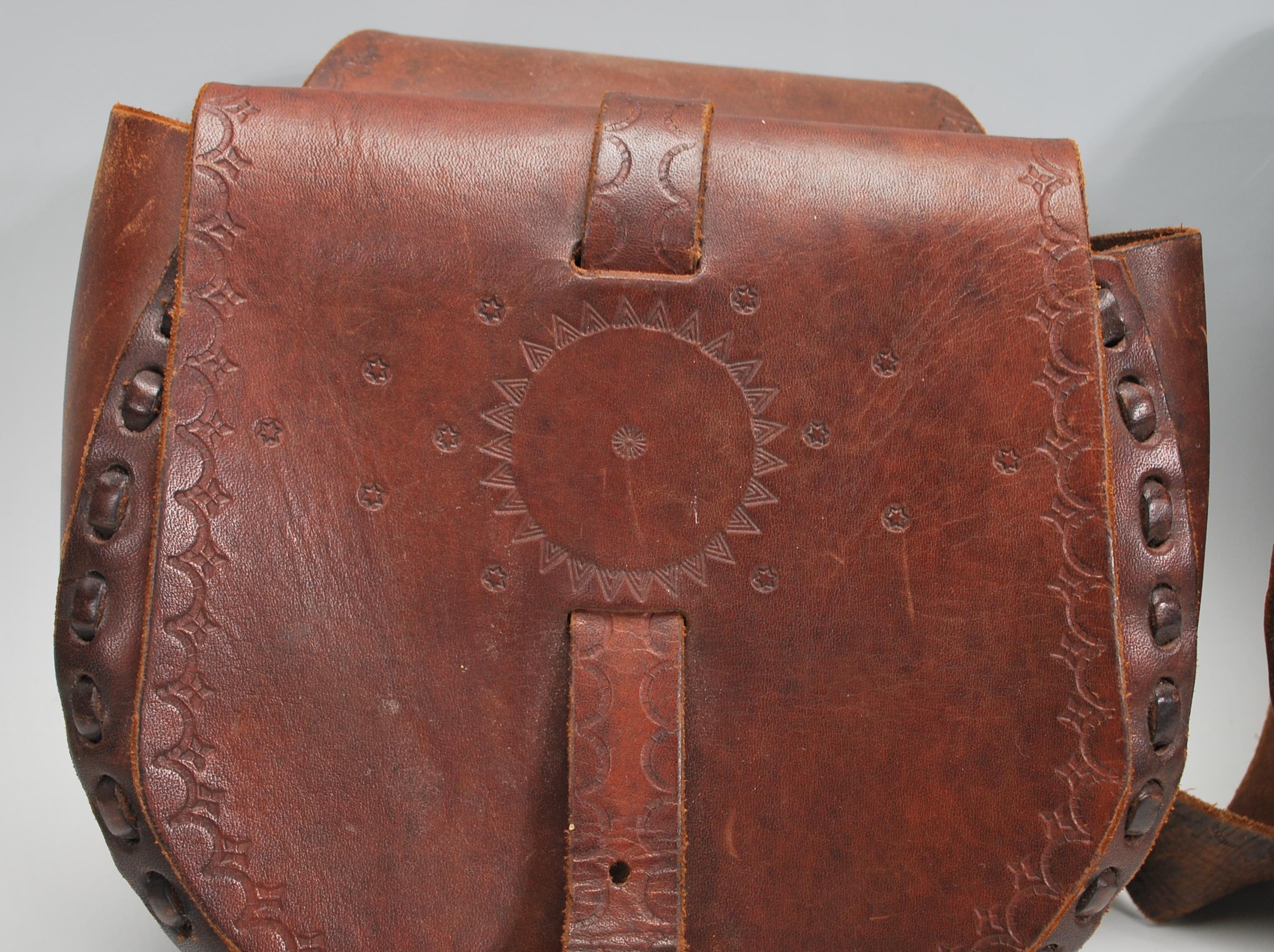 A pair of vintage 20th Century brown leather stitched saddle bags with rounded compartments having - Image 2 of 5