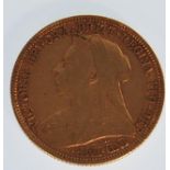 An 1894 full gold sovereign coin having George and the Dragon design with an Old Victoria Head