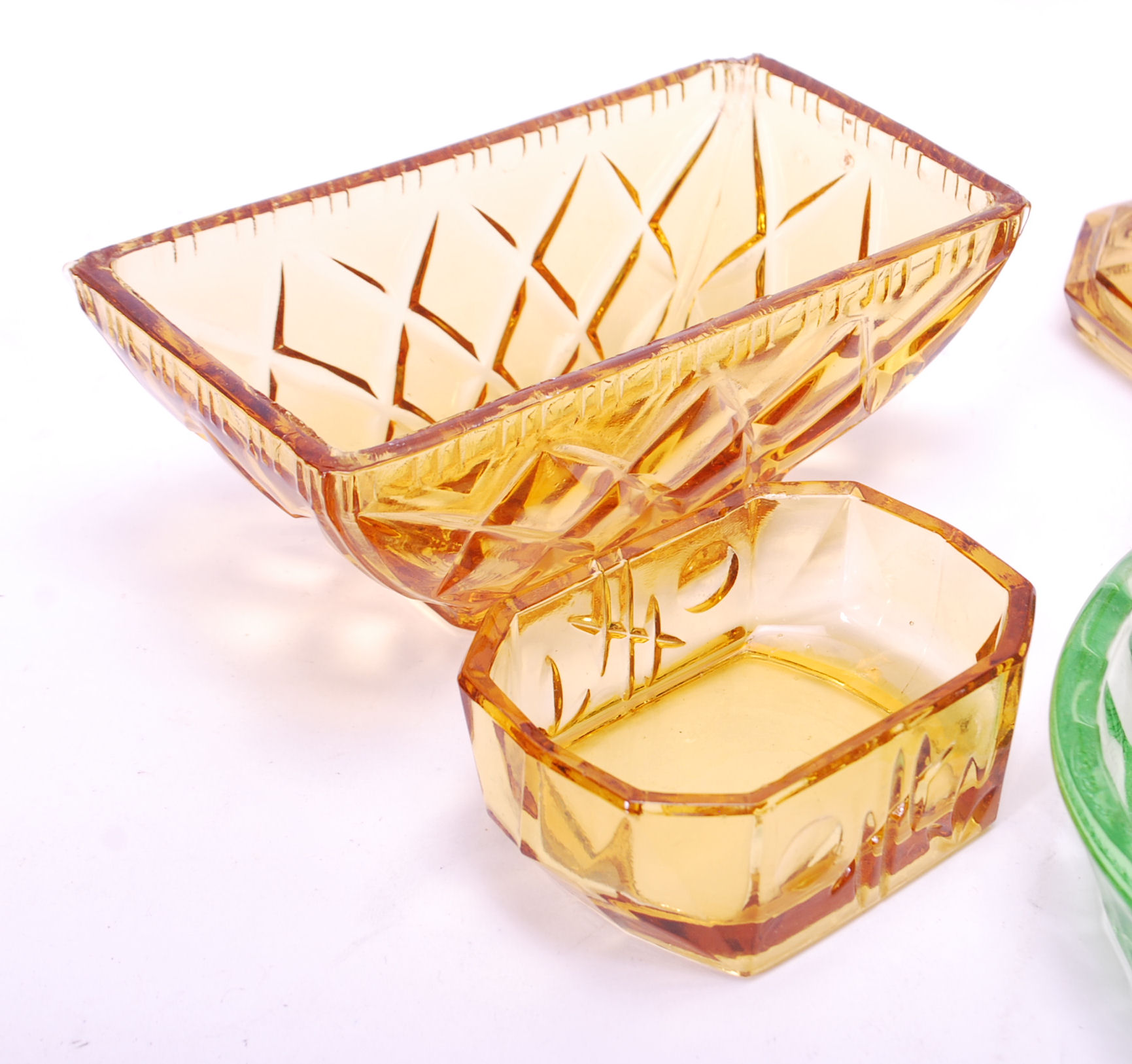 Two early 20th Century Art Deco pressed glass dressing table sets to include a part green glass - Image 3 of 7