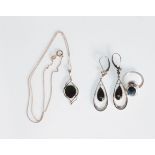 A stamped 925 silver demi parure jewellery set to include a pair of drop earrings, pendant