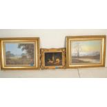 A group of three oil on canvas paintings set within gilt frames to include a twilight lake scene