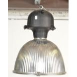 A contemporary large ceiling industrial factory pendant light having a polished aluminium reeded