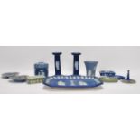 A collection of Wedgwood jasper-ware to include a pair of 19th Century cobalt blue candlesticks, hat