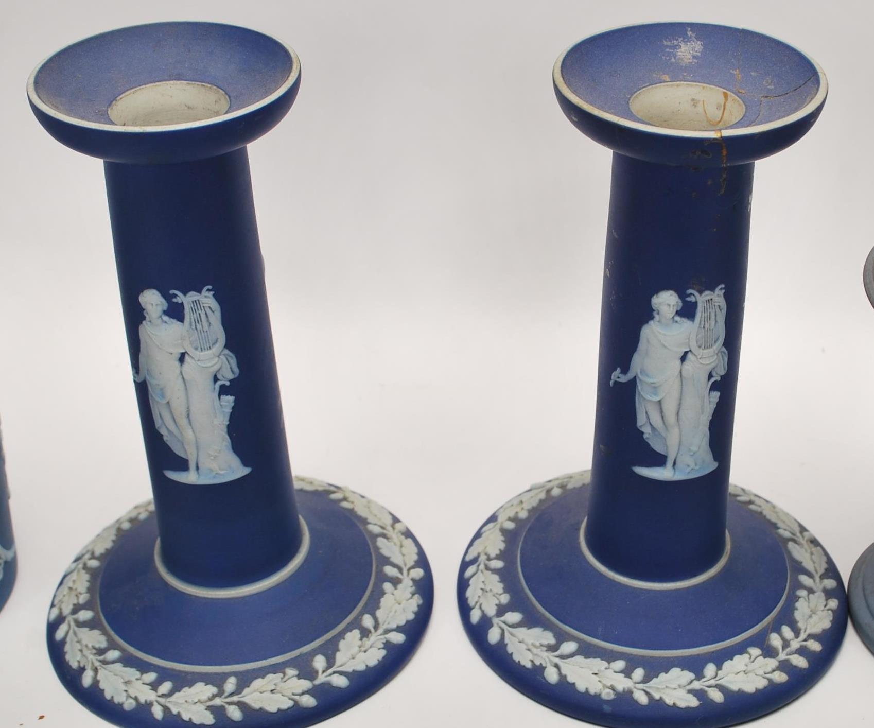 A collection of Wedgwood jasper-ware to include a pair of 19th Century cobalt blue candlesticks, hat - Image 3 of 5