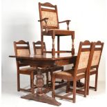 A large Jaycee Jacobean revival  oak refectory dining table together with a set of six oak