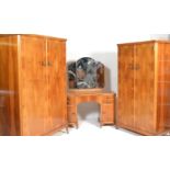 An early 20th Century Art Deco Queen Anne walnut bedroom suite consisting of double wardrobe, single