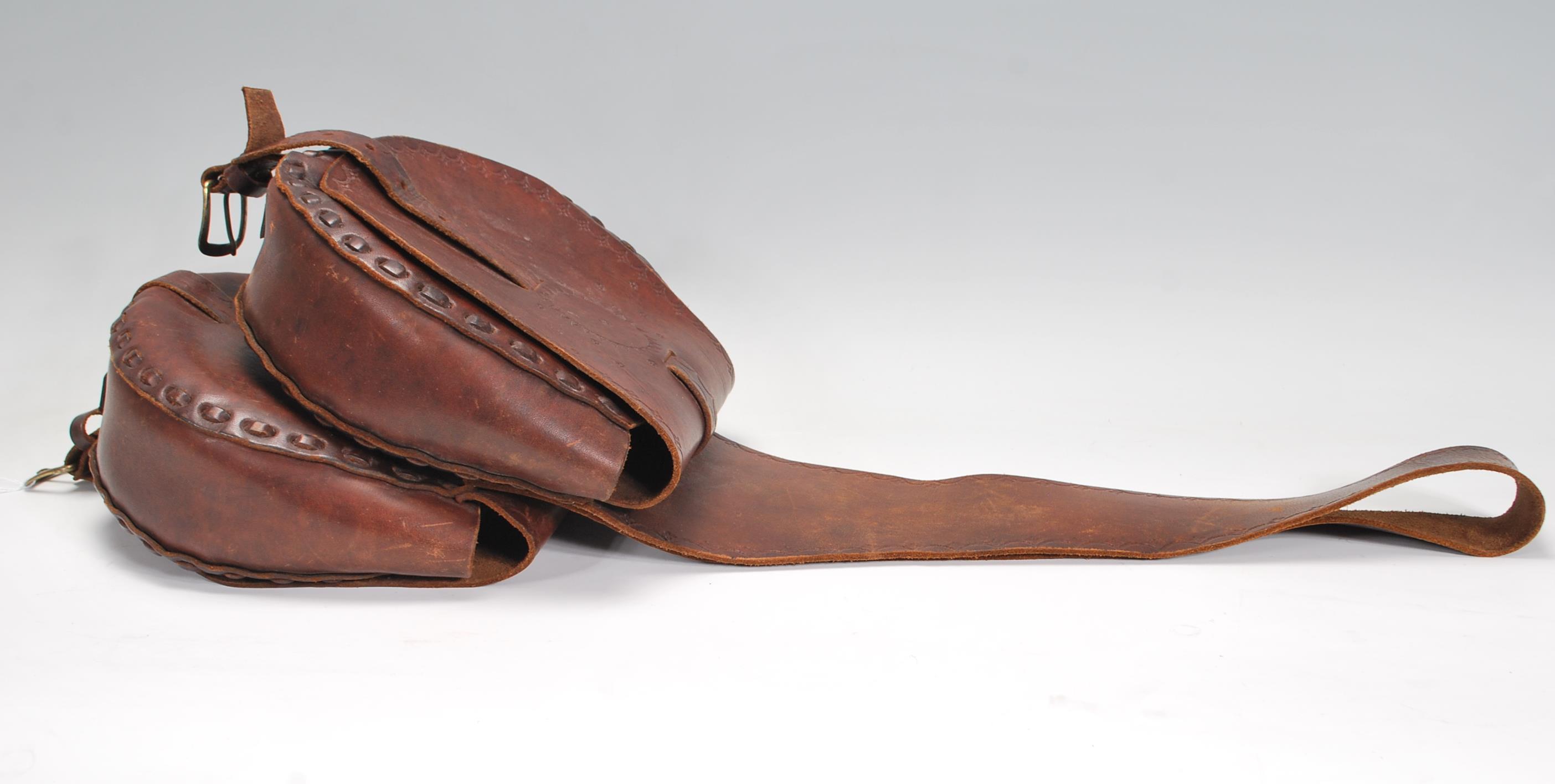 A pair of vintage 20th Century brown leather stitched saddle bags with rounded compartments having - Image 5 of 5
