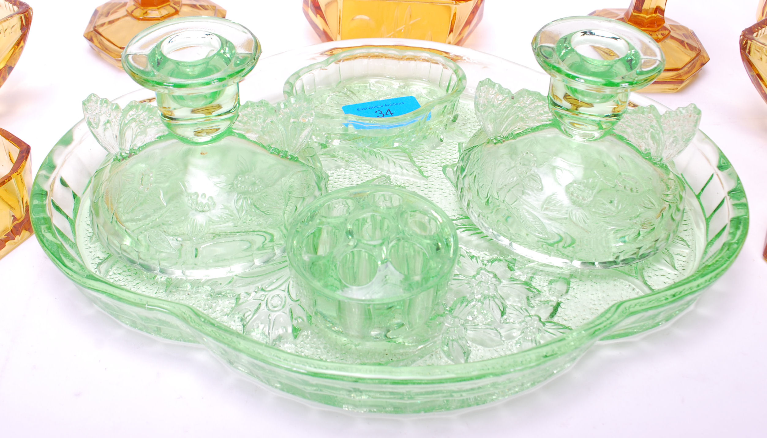 Two early 20th Century Art Deco pressed glass dressing table sets to include a part green glass - Image 6 of 7