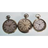 A collection of 3 nickel silver open faced pocket watches to include an Enigma Swiss made watch
