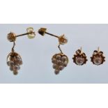 Two pairs of ladies gold earrings to include a pair of 9ct gold drop earrings set with pearls in a