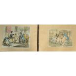 A pair of Georgian coloured etchings / engravings depicting figures with text below. One entitled '