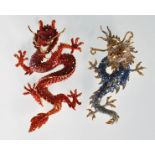 Two Butler and Wilson fashion jewellery brooches in the form of Chinese dragons to include a red and