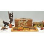 A collection of items to include a wooden hand painted box, Italian painted tray, wooden chest, boot
