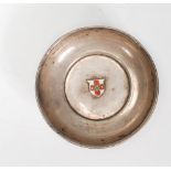 A silver hallmarked dish with enamel coat of arms to centre. Birmingham hallmarked for WIlliam