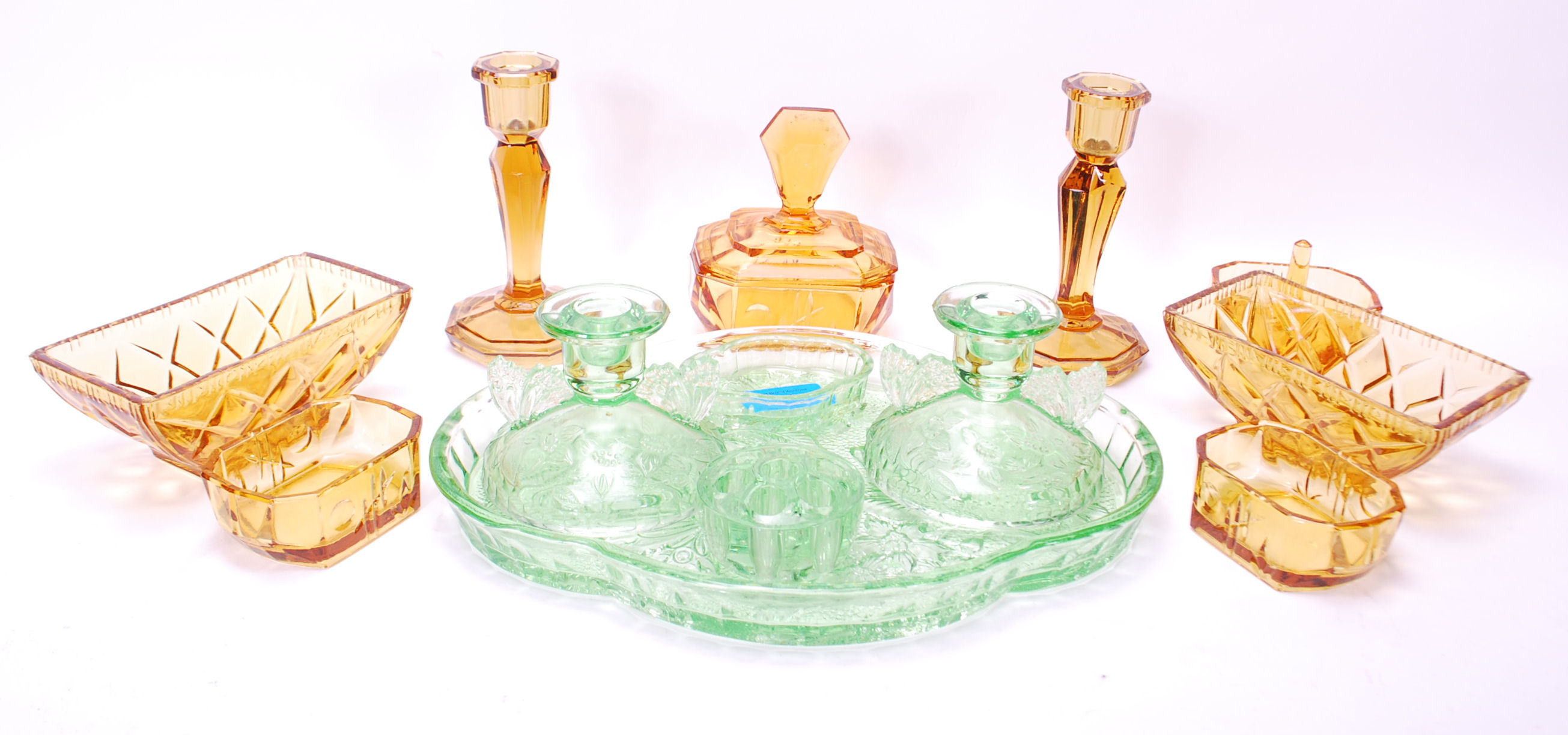 Two early 20th Century Art Deco pressed glass dressing table sets to include a part green glass - Image 2 of 7