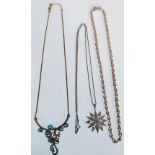 A group of three silver necklaces to include a triangular link necklace set with white stones, a