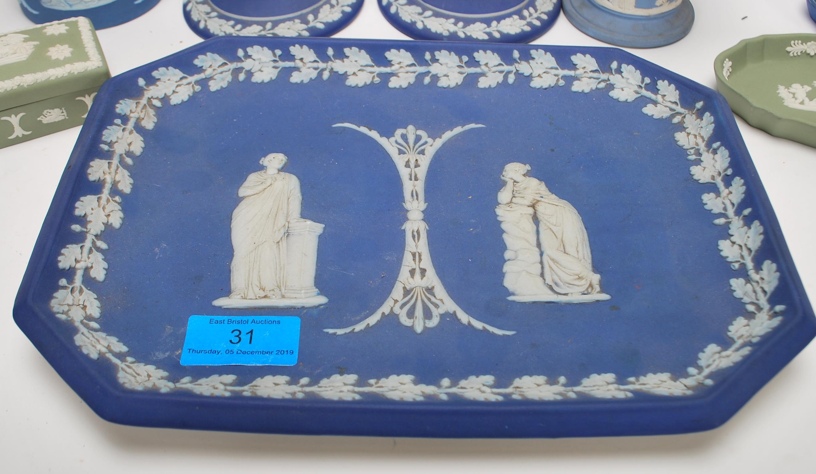 A collection of Wedgwood jasper-ware to include a pair of 19th Century cobalt blue candlesticks, hat - Image 2 of 5