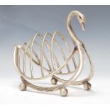 A vintage 20th Century silver plated four slice toast rack modelled as a Swan, marks to base