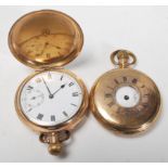 An early 20th century gold plated full hunter pocket watch   with crown winder having bale atop.