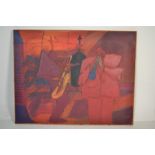 A large 20th century oil on canvas colourful abstract jazz musician painting. Unsigned, set within a