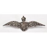 A stamped silver RAF sweetheart brooch set with marcasites, having hinge pin to verso. Total