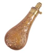 19TH CENTURY BRASS GUN POWDER FLASK WITH REPOUSSE