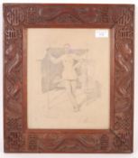 WWI SKETCH OF A SOLDIER STICKS IN ORNATE CARVED FR