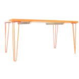 LARGE PINE PLANKED DINING TABLE RAISED ON ORANGE HAIRPIN LEGS