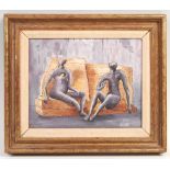 UNUSUAL 20TH CENTURY FRAMED OIL AND INK ABSTRACT PAINTING
