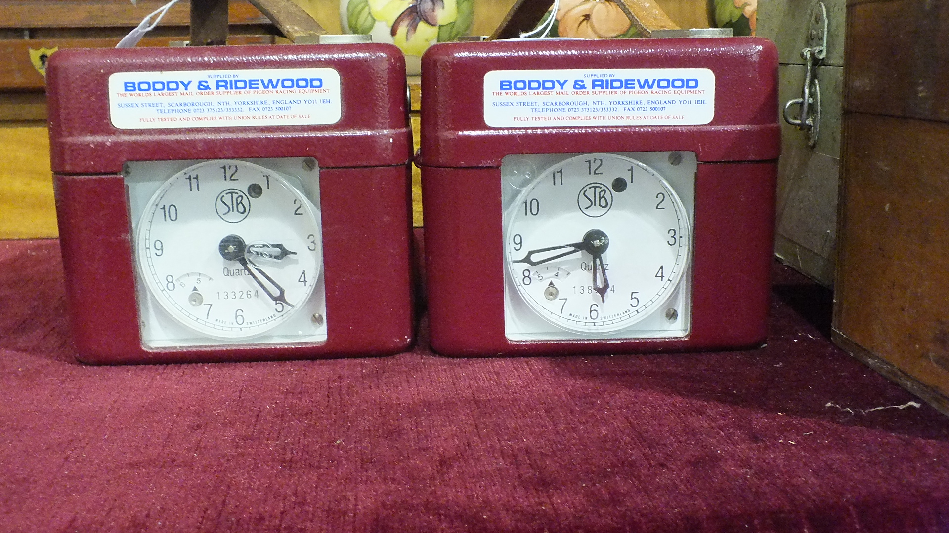 Two Skymaster Ghost Bakelite cased pigeon timer clocks in cases and two STB pigeon timer clocks, ( - Image 2 of 2