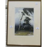 After Oscar Droege, 'Birches in a storm', a framed coloured woodcut, signed in pencil within margin,