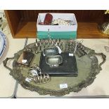 A plated two-handled oval tray, 60 x 40cm, a plated toast rack, two smaller pairs of toast racks,